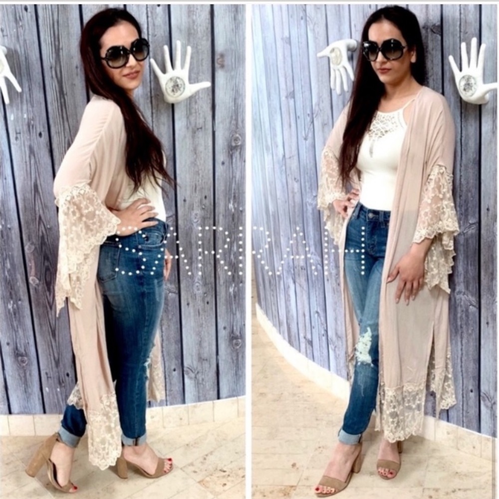 Last M New Cozy Boho Lace Trim Kimono Duster - Picture 6 of 12